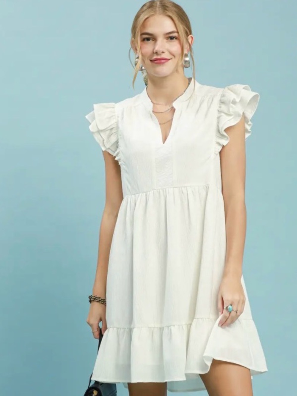 ♥️Hello Gorgeous! Umgee Ruffle Sleeve Woven Textured Babydoll Dress-Cream